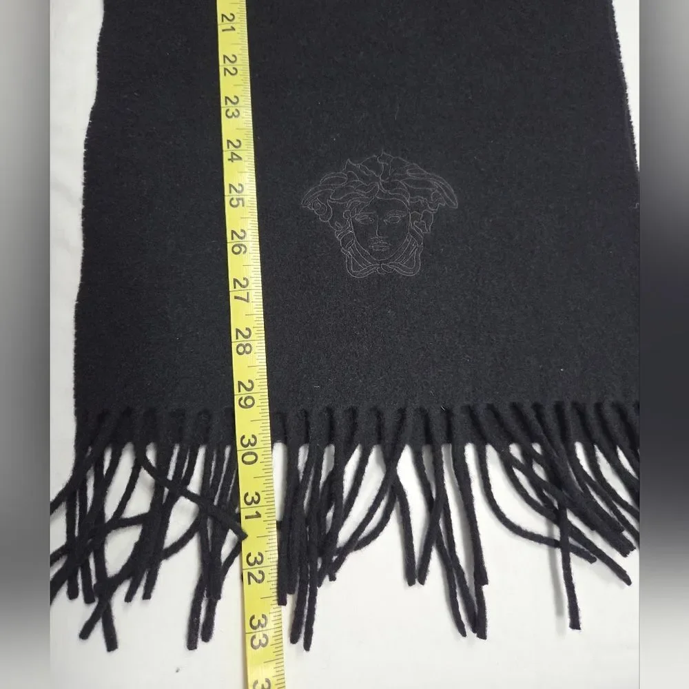 Versace Wool Medusa Logo Embroidered Fringe Scarf